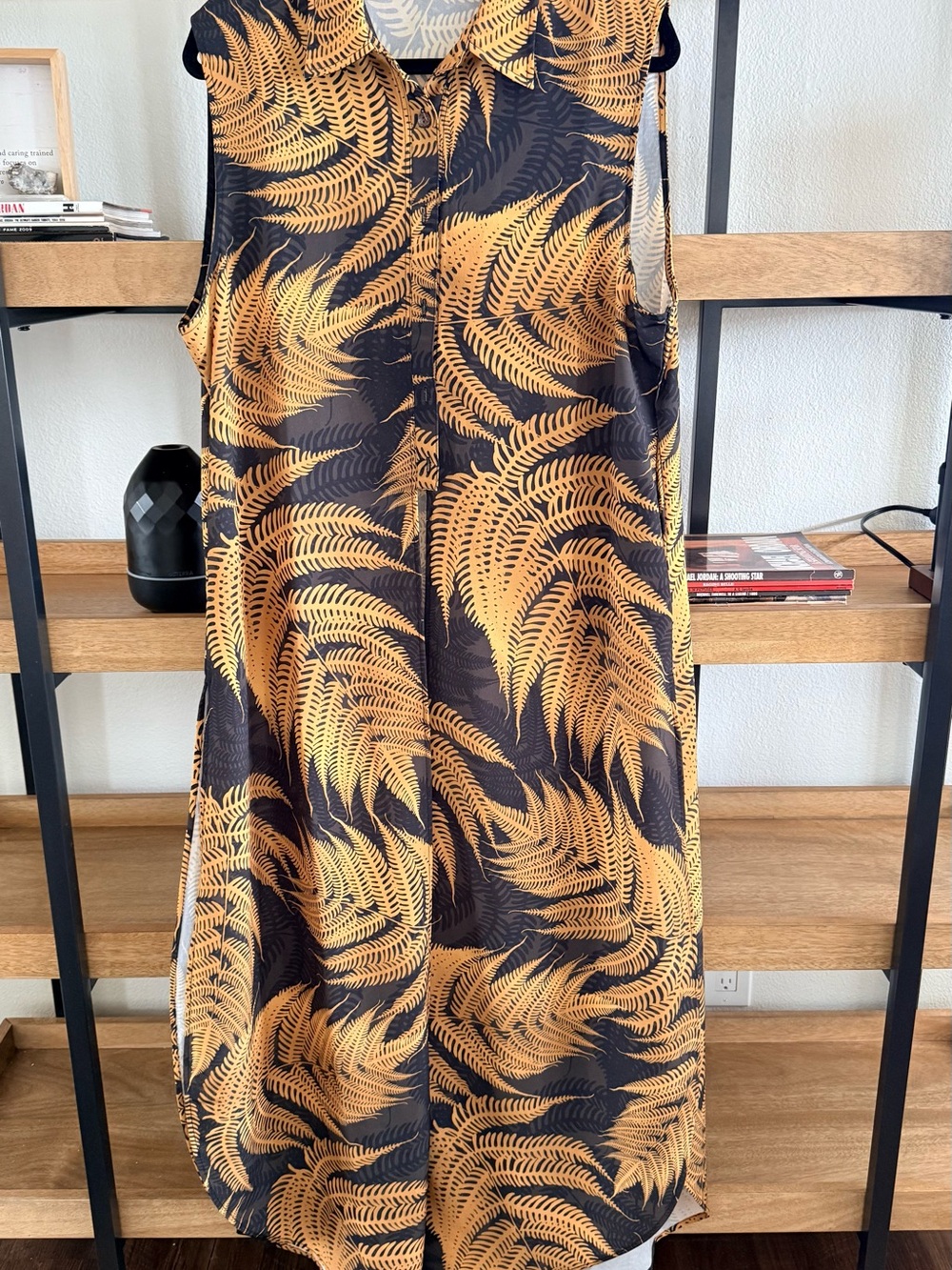 Sleeveless Black and Mustard Fern Print Women's Top